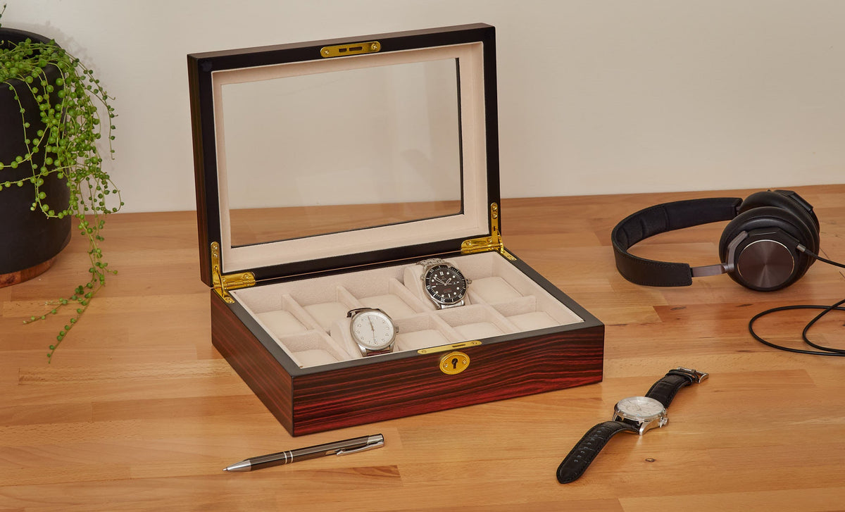 Ebony watch box on a desk
