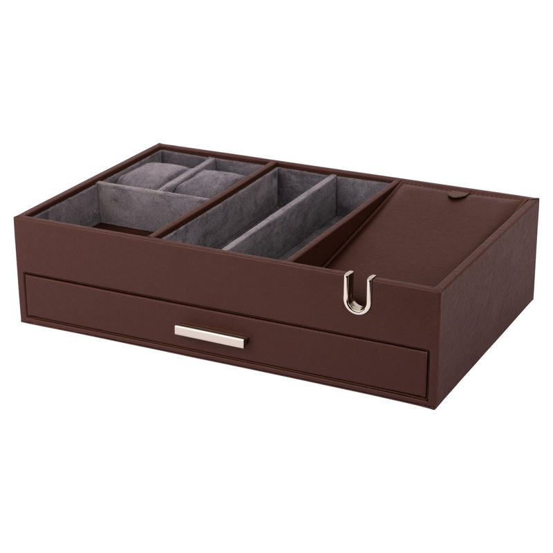 Brown Leather Valet Tray With Storage Drawer