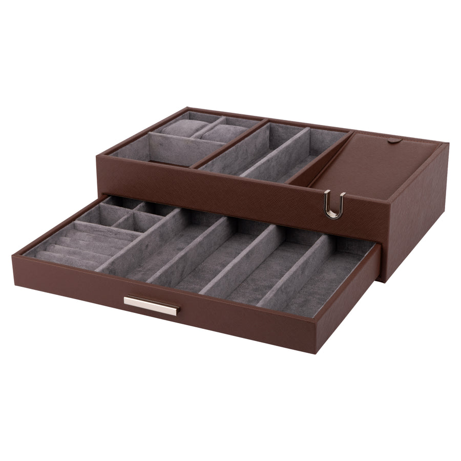 Brown Leather Valet Tray With Storage Drawer