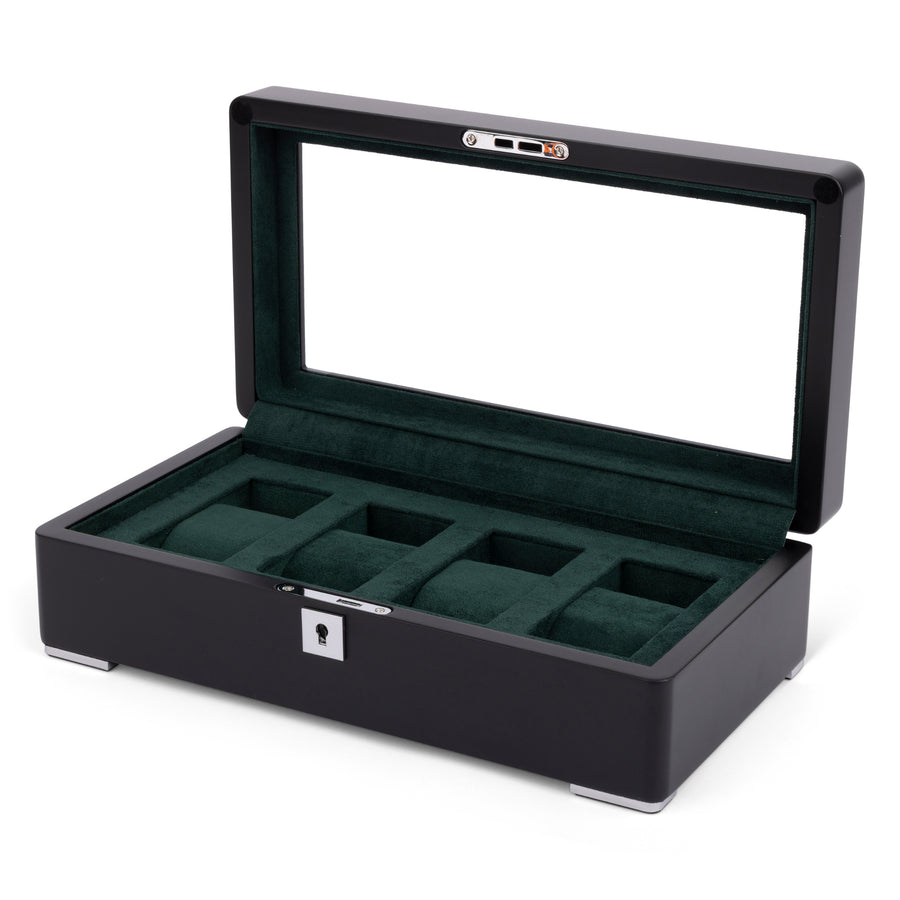 Black 4 Watch Display Lock Box With Green Velvet