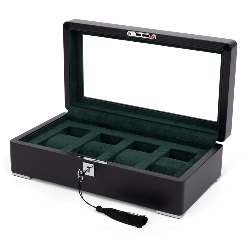 Black 4 Watch Display Lock Box With Green Velvet