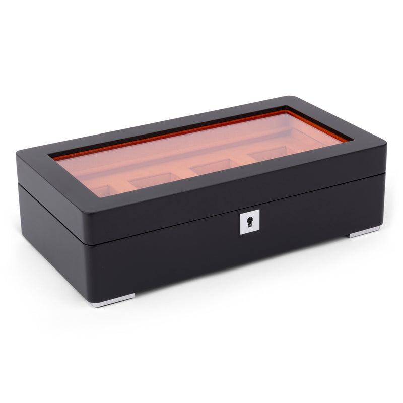 Black 4 Watch Display Lock Box With Orange Velvet