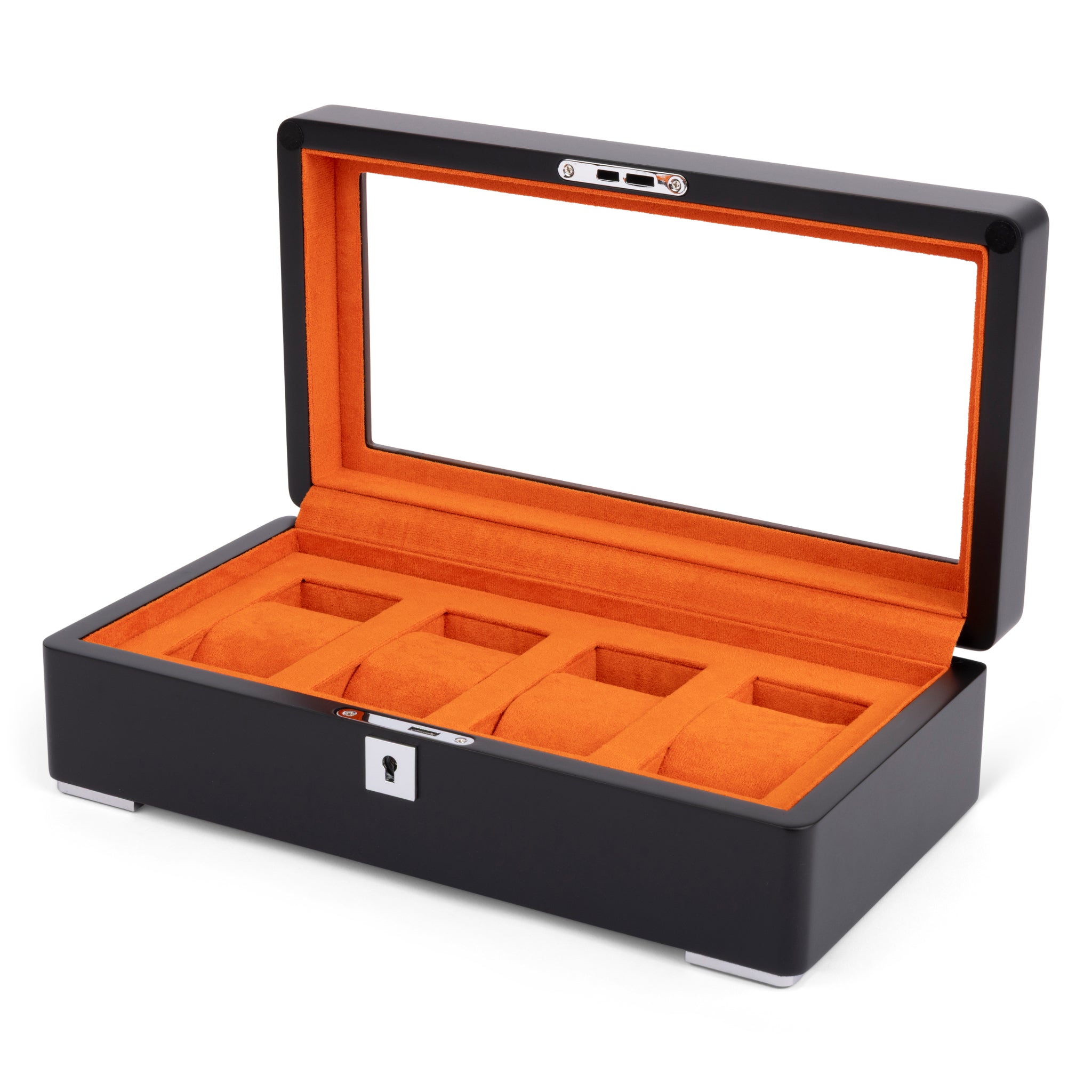 Black 4 Watch Display Lock Box With Orange Velvet