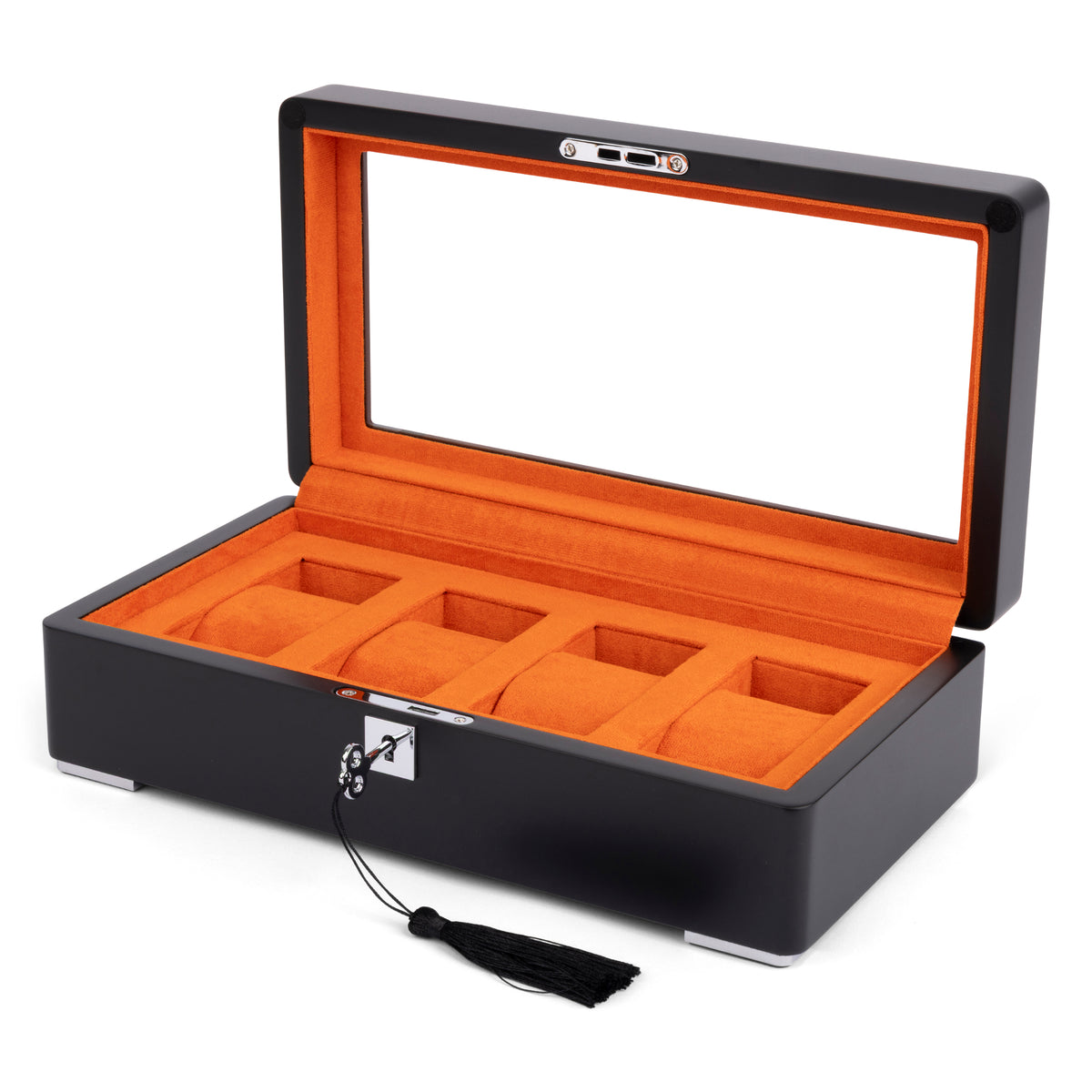 Black 4 Watch Display Lock Box With Orange Velvet