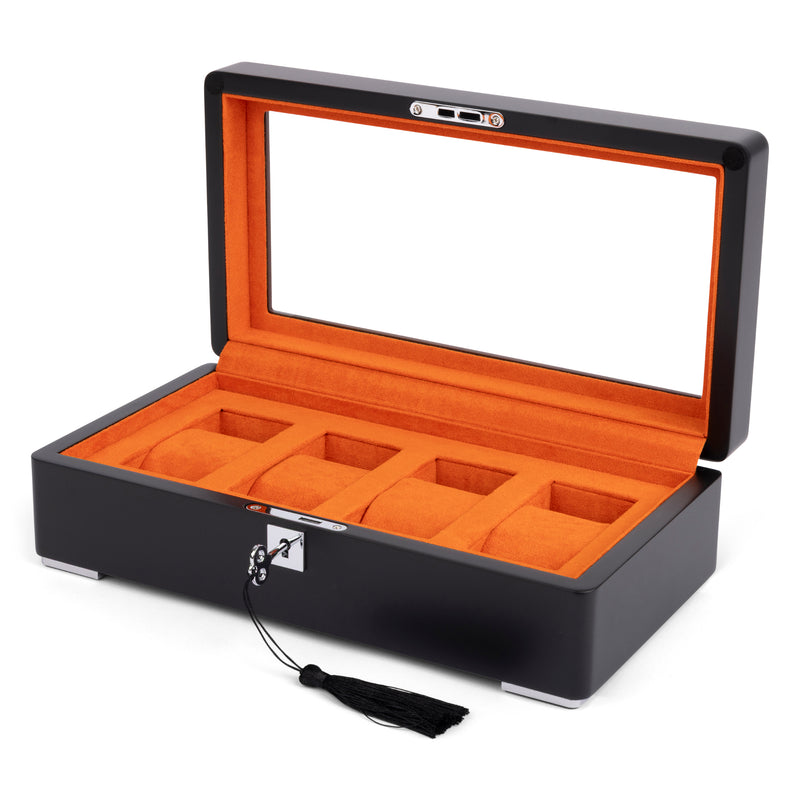 Black 4 Watch Display Lock Box With Orange Velvet