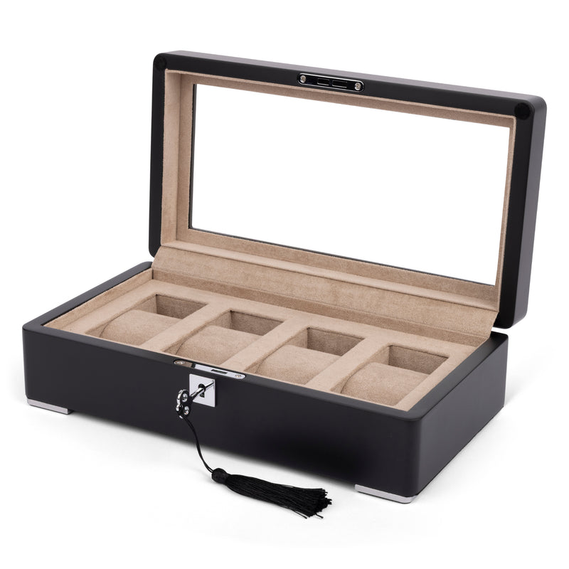 Black 4 Watch Display Lock Box With Tan Velvet