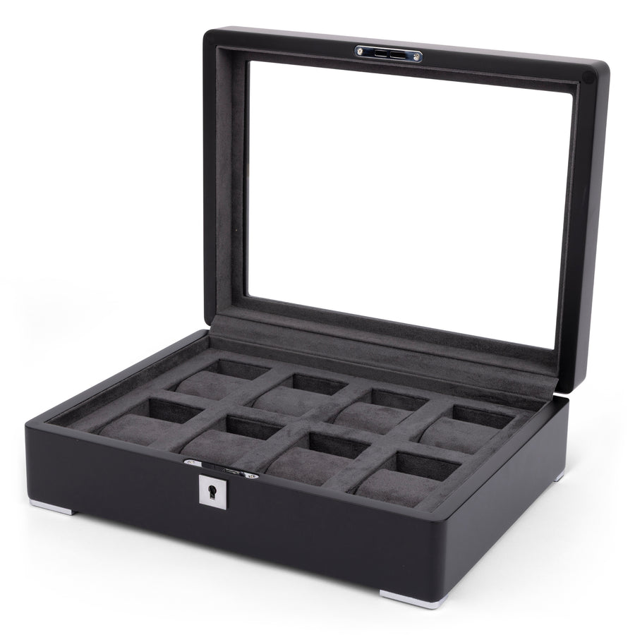 Black 8 Watch Display Lock Box With Charcoal Velvet