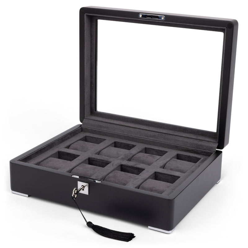 Black 8 Watch Display Lock Box With Charcoal Velvet