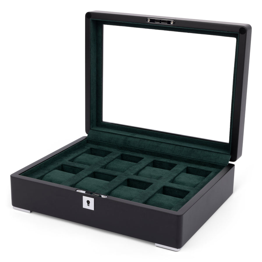 Black 8 Watch Display Lock Box With Green Velvet