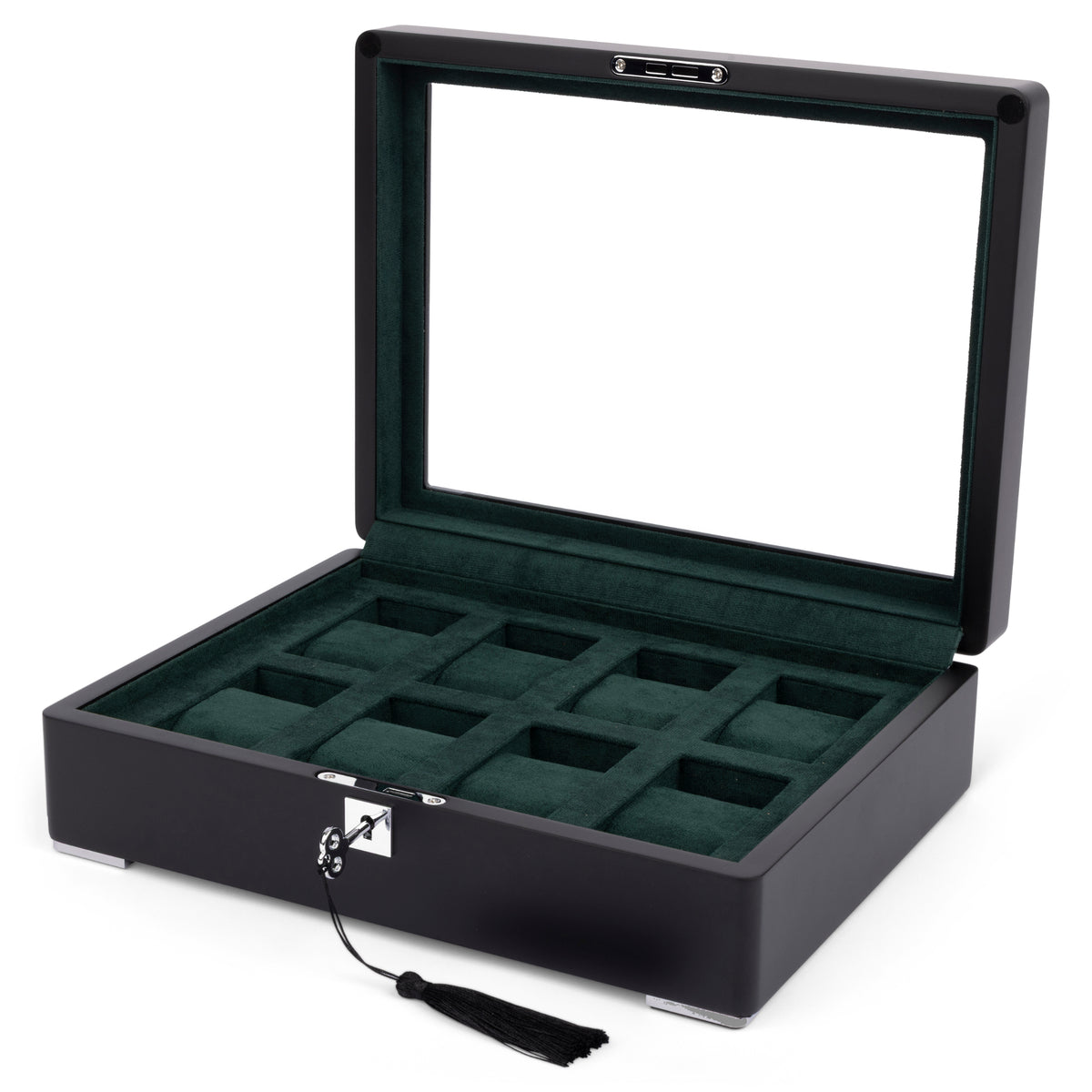 Black 8 Watch Display Lock Box With Green Velvet