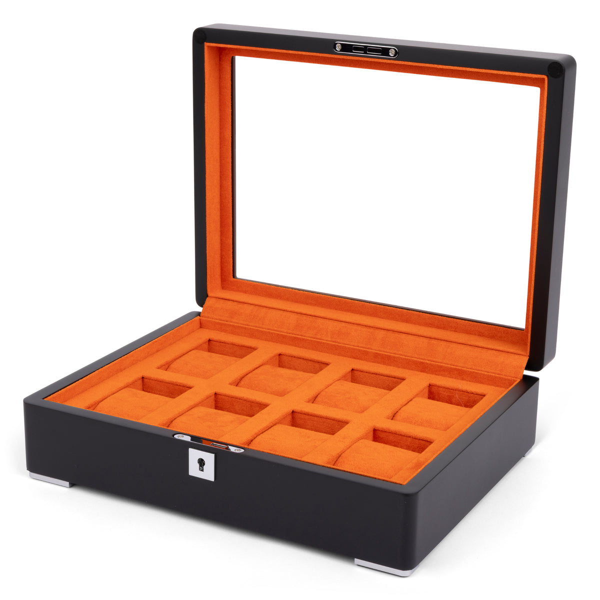 Black 8 Watch Display Lock Box With Orange Velvet