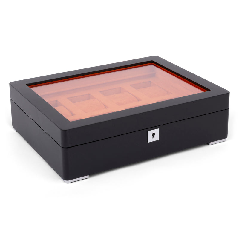 Black 8 Watch Display Lock Box With Orange Velvet