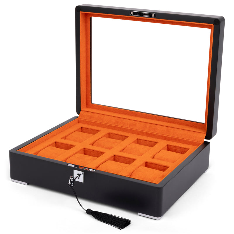 Black 8 Watch Display Lock Box With Orange Velvet
