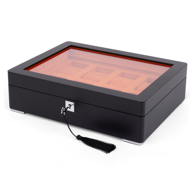 Black 8 Watch Display Lock Box With Orange Velvet