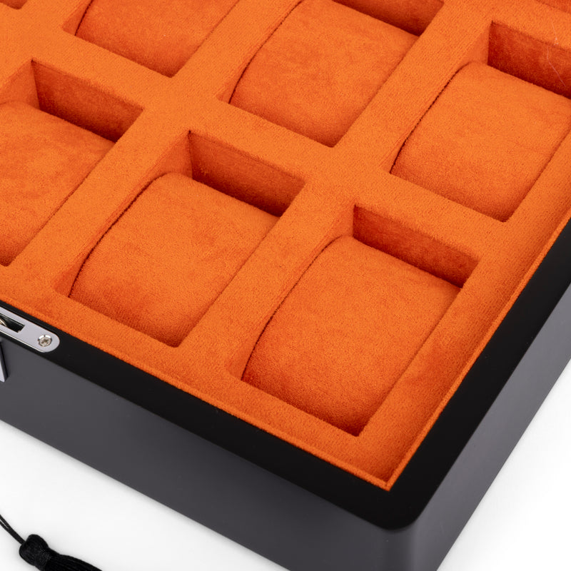 Black 8 Watch Display Lock Box With Orange Velvet