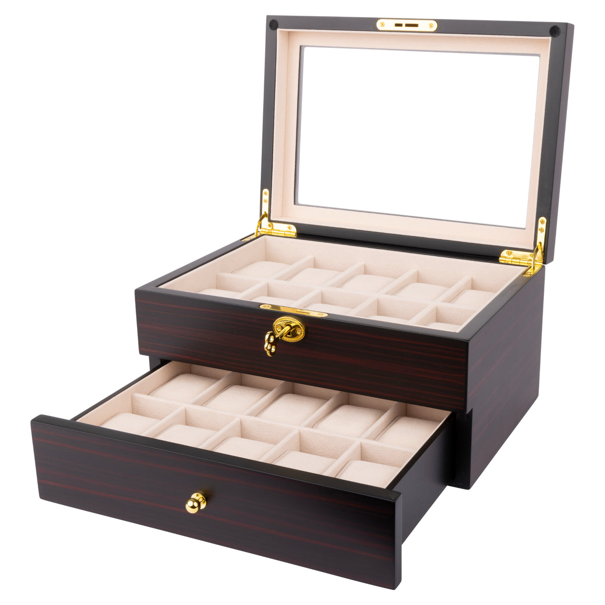 Ebony Display 20 Watch Lock Box with Drawer