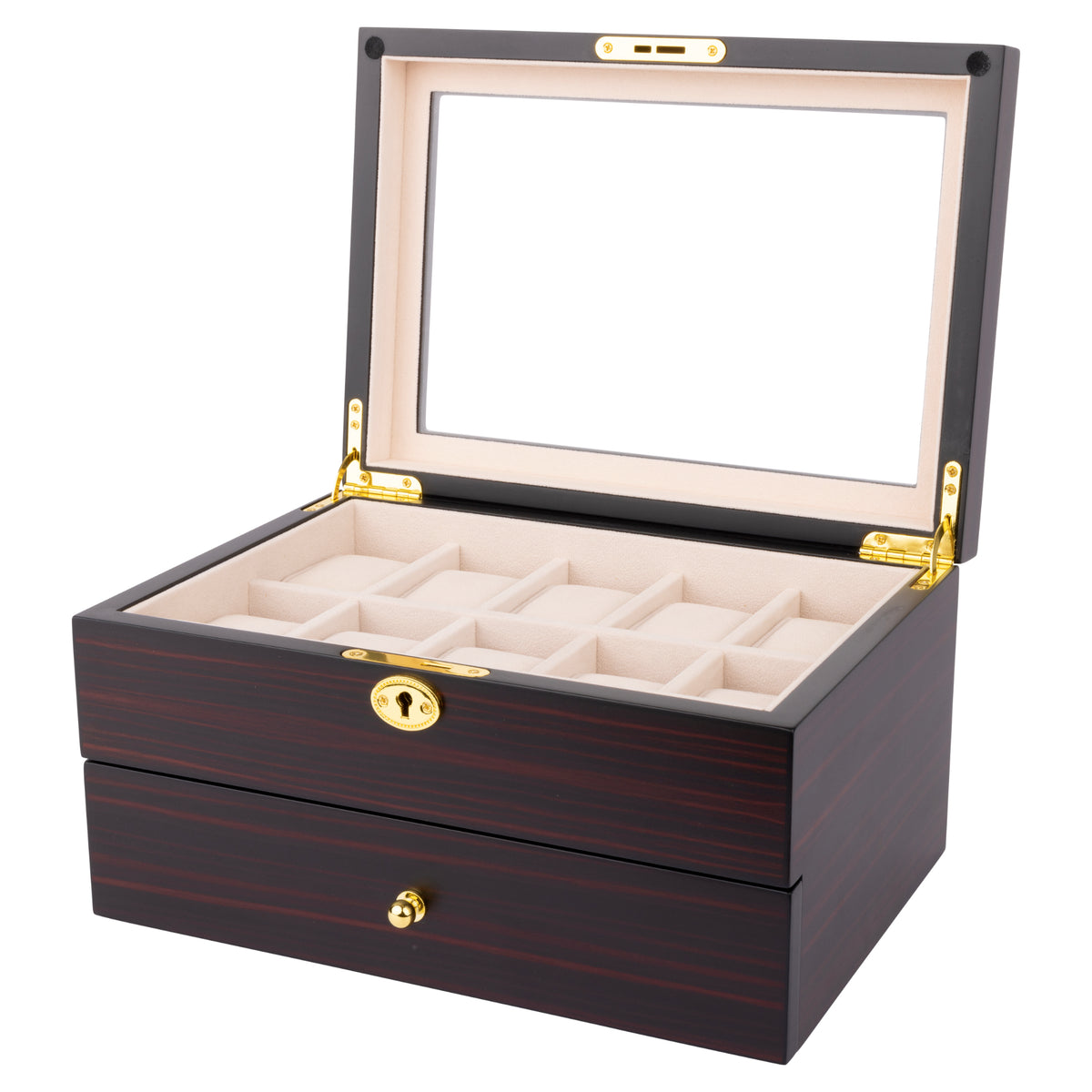 Ebony Display 20 Watch Lock Box with Drawer